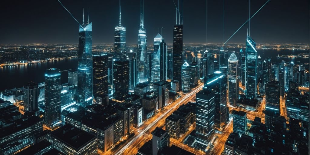 A Revolução dos Pagamentos Digitais: Como a Tecnologia Está Transformando a Economia 3 Cityscape with digital blockchain lines