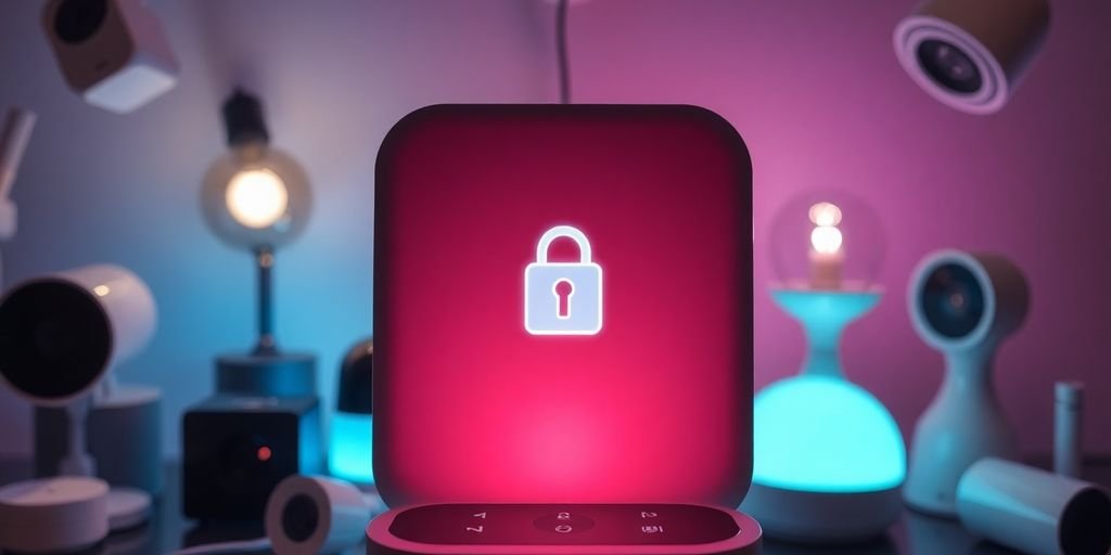5 Desafios na Implementação do IoT em Casas Inteligentes 1 Imagem de dispositivo inteligente com símbolo de segurança.