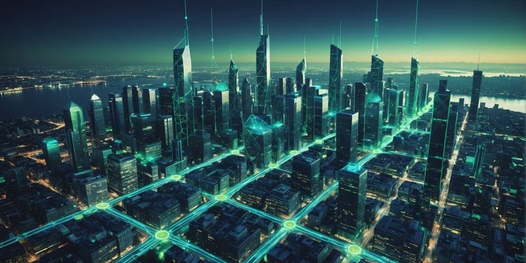 Futuristic cityscape with digital nodes and connections