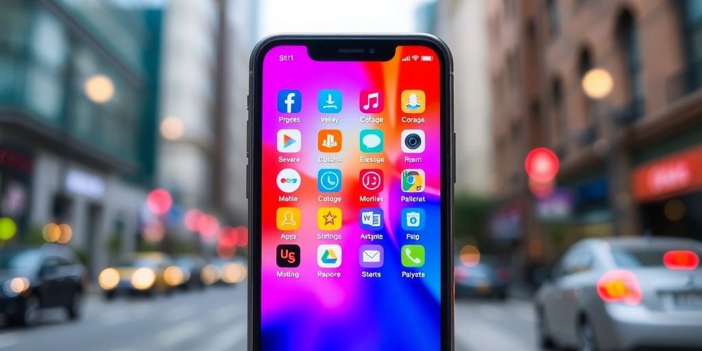 O Futuro dos Sistemas Operacionais Móveis: O Que Esperar 3 Smartphone com ícones de aplicativos em fundo urbano.