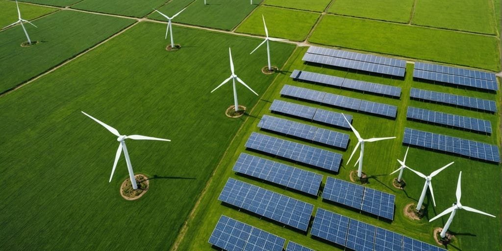 Solar panels and wind turbines in a green field.