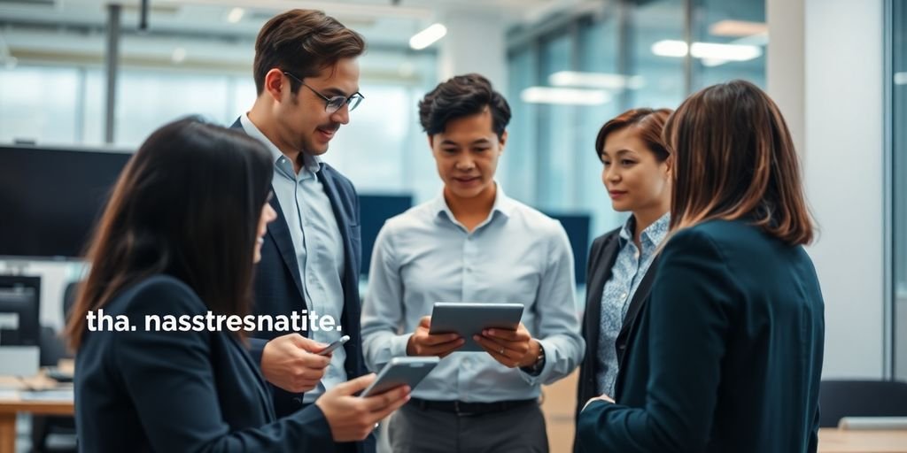 Profissionais discutindo em um ambiente de escritório moderno.