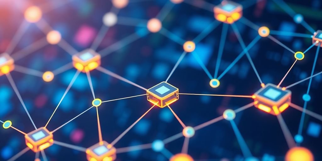 Imagem de nós de blockchain interconectados em fundo digital.