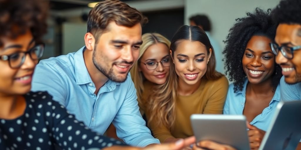 Principais Desafios para Implementar o Blockchain 3 Grupo de pessoas discutindo tecnologia em ambiente moderno.