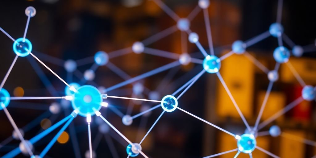 Sobre Blockchain na Cadeia de Suprimentos 3 Imagem de nós de blockchain interconectados na cadeia de suprimentos.