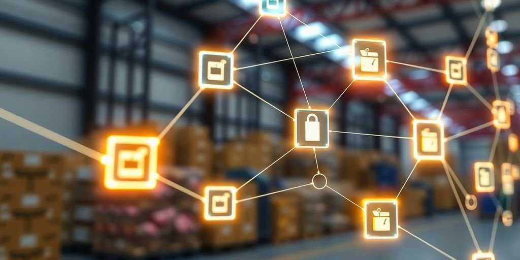 Imagem de nós de blockchain interconectados na cadeia de suprimentos.