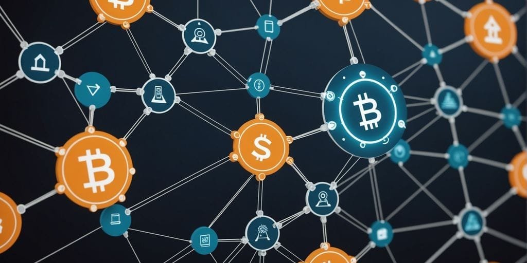 Contratos Inteligentes: 4 Benefícios dos com Blockchain 1 Blockchain network with smart contracts symbols