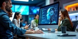 Ambiente de escritório futurista com tecnologia avançada.