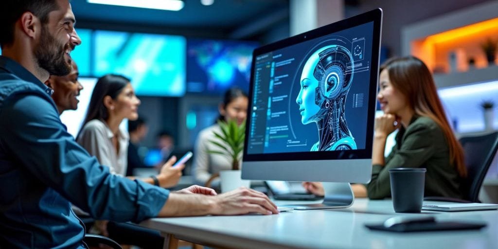 Ambiente de escritório futurista com tecnologia avançada.