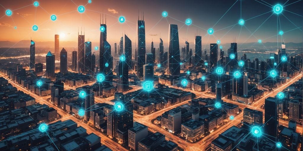 Cidade futurista com nós digitais e símbolos de blockchain