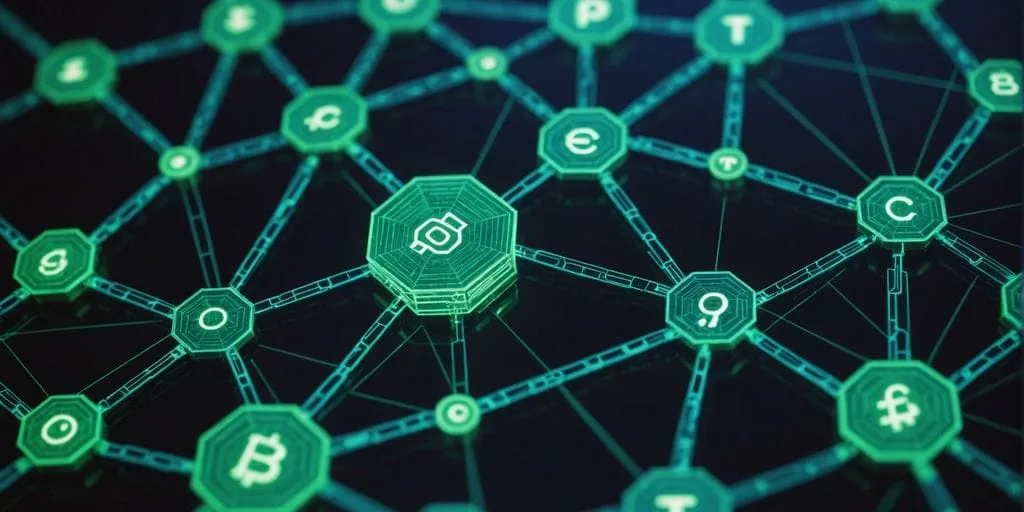 Contratos Inteligentes: 4 Benefícios dos com Blockchain 3 Blockchain network with glowing smart contracts symbols