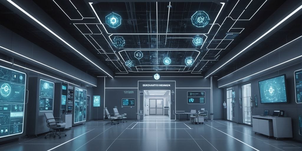 Hospital futurista com símbolos de blockchain