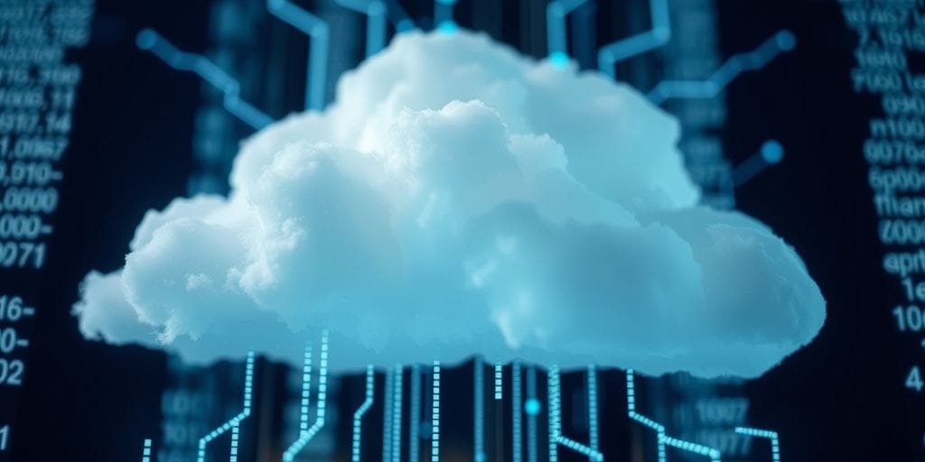 6 Tendências Futuras na Computação em Nuvem para 2024 1 Nuvem com fluxos de dados digitais ao redor.