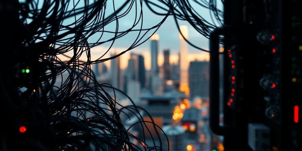 6 Tendências Futuras na Computação em Nuvem para 2024 2 Rede de dispositivos conectados com cidade ao fundo.