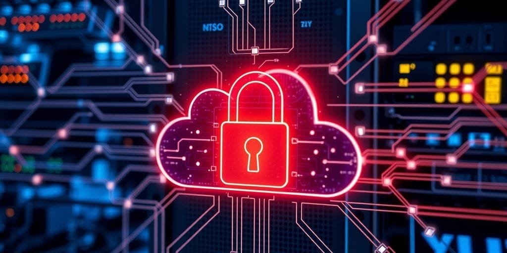 6 Tendências Futuras na Computação em Nuvem para 2024 3 Imagem de um servidor em nuvem seguro com cadeado digital.