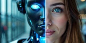 Imagem de um robô e um humano lado a lado.