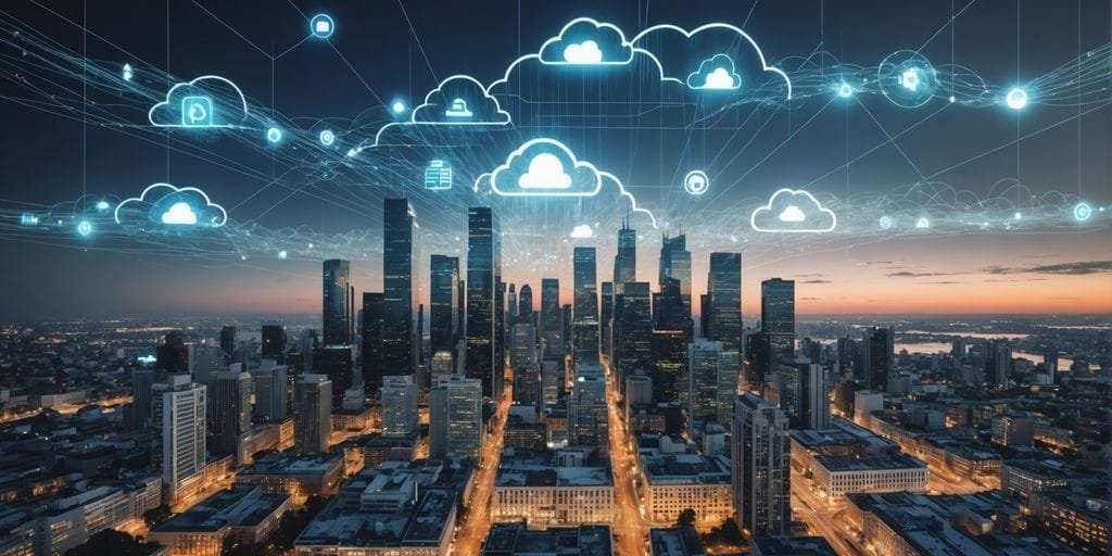 O Impacto da Computação em Nuvem no Mundo Digital: Revolução ou Evolução? 3 Futuristic city with cloud icons and data streams