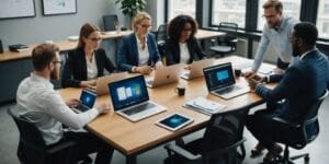 Profissionais colaborando em um escritório moderno.