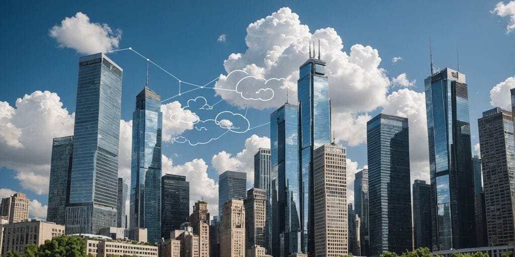 O Que é Computação em Nuvem? Entenda o Conceito e Suas Aplicações 2 Cityscape with cloud icons above buildings.
