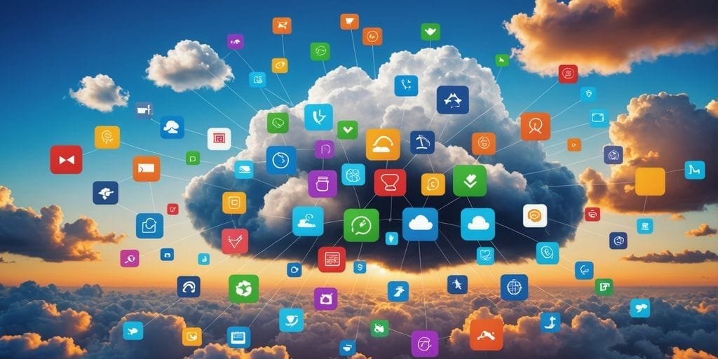 O Que é Computação em Nuvem? Entenda o Conceito e Suas Aplicações 3 Cloudscape with technology icons representing cloud computing.