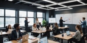 Equipe diversa colaborando em um escritório moderno.