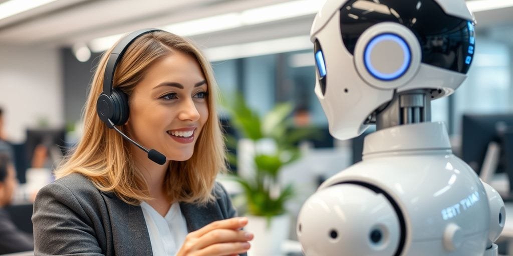 5 Impactos da IA na Automação e Suporte ao Cliente 1 Representante de atendimento ao cliente com assistente robótico.