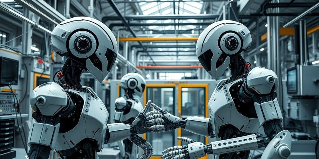 Como o ChatGPT Vai Impactar a Indústria 1 Ambiente industrial futurista com robôs e máquinas automatizadas.