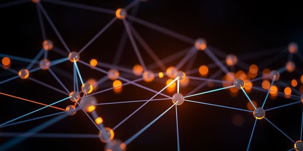 5 Previsões para o Futuro das Aplicações de Blockchain 3 Imagem de nós de blockchain interconectados com conexões brilhantes.