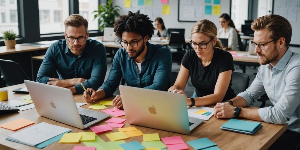 Equipe colaborando em gestão ágil de projetos