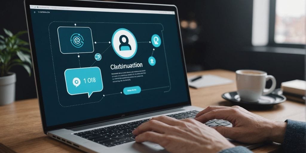 Person typing with chatbot icon above laptop