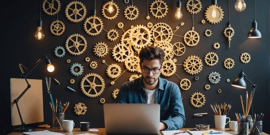 Person at desk with creative elements.