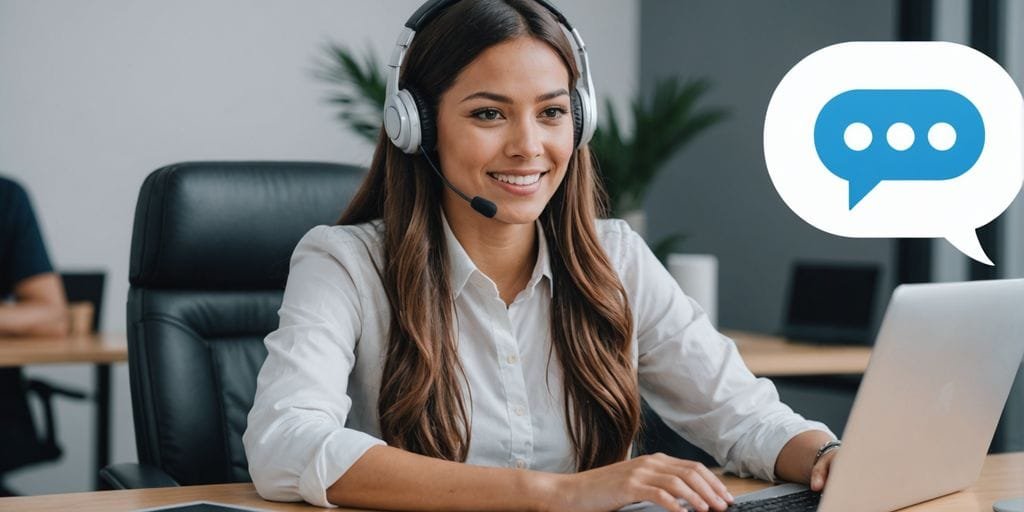 Customer service rep with chatbot icon