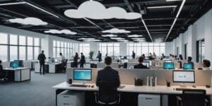 Escritório moderno com computação em nuvem.