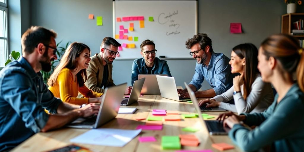 Equipe diversa colaborando em um ambiente de trabalho criativo.