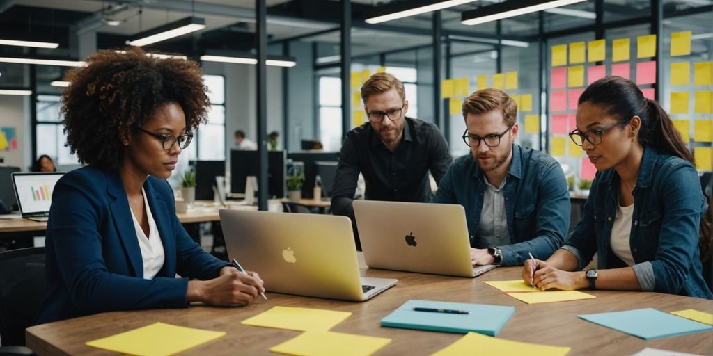 Team collaborating in modern office with laptops and sticky notes.