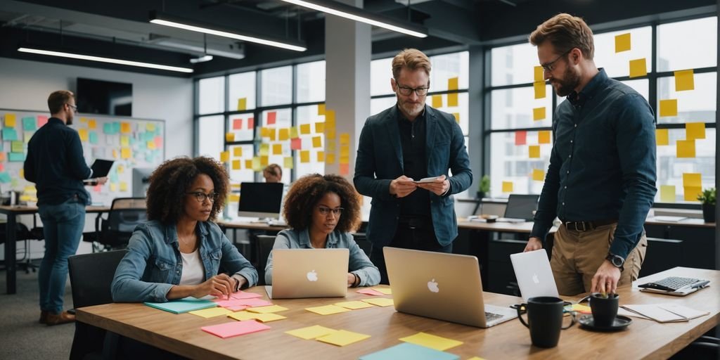 Team collaborating in modern office with sticky notes.