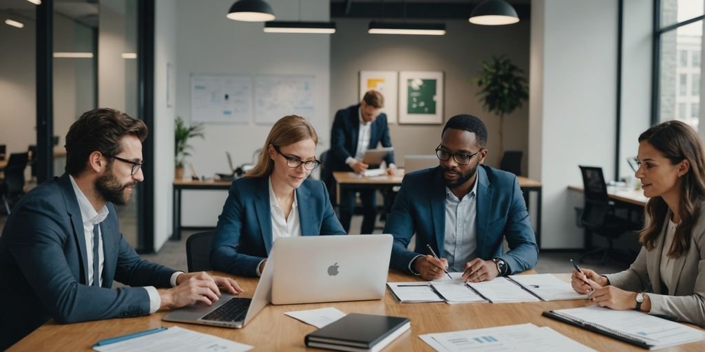Team collaborating around a table in a modern office