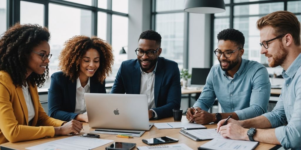 Team collaborating around a table with laptops