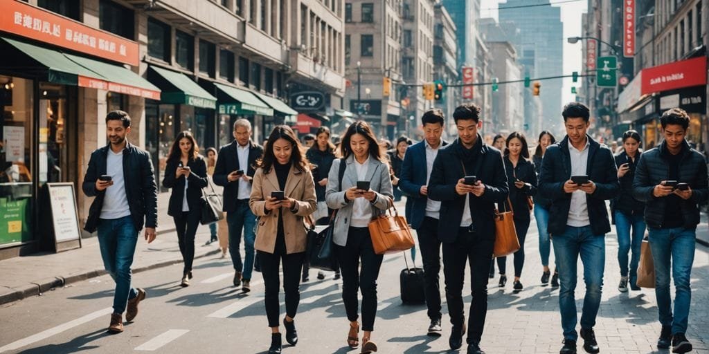 Pessoas usando dispositivos digitais na rua movimentada.