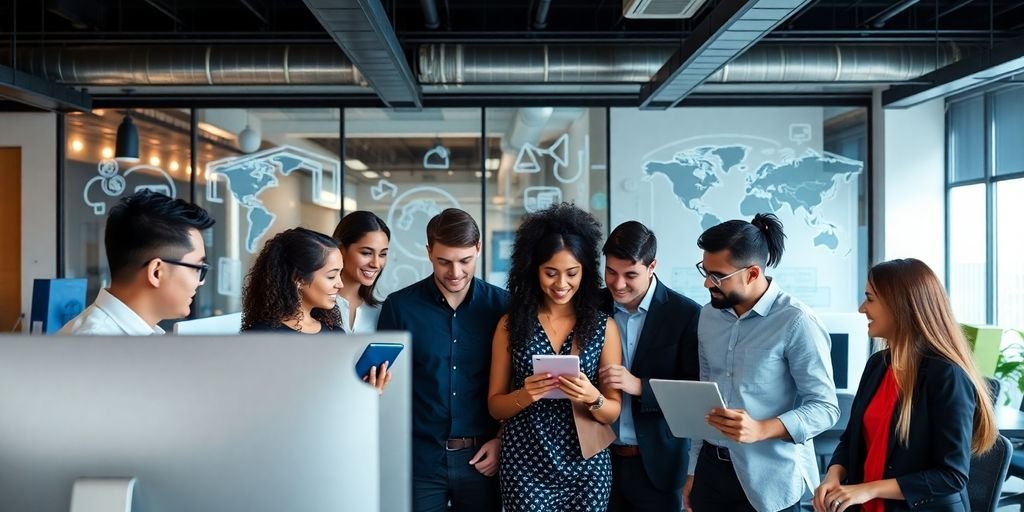 Grupo diverso de profissionais colaborando em um escritório moderno.