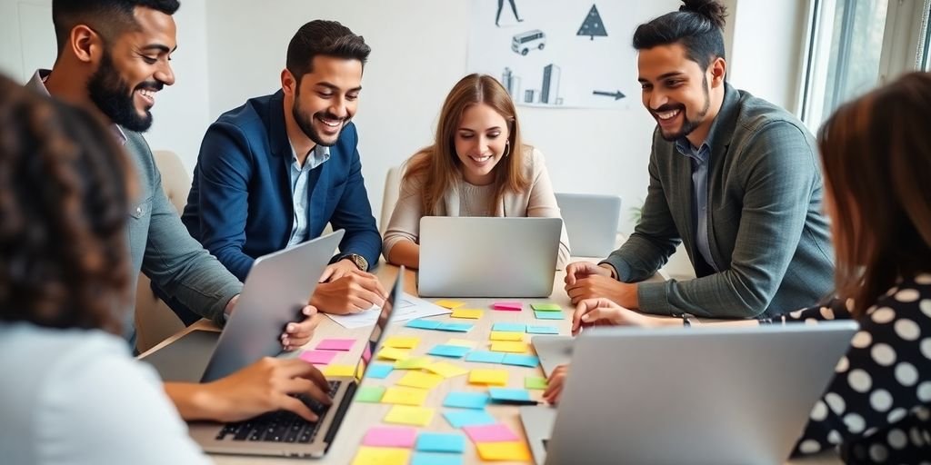 Profissionais colaborando em mesa com laptops e notas adesivas.