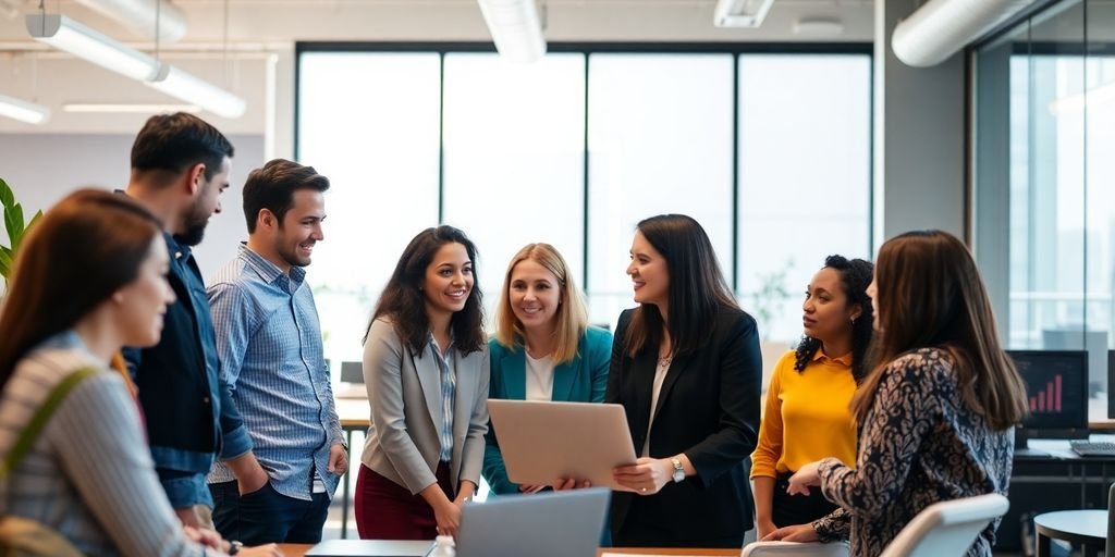 Grupo diverso de profissionais colaborando em um escritório moderno.
