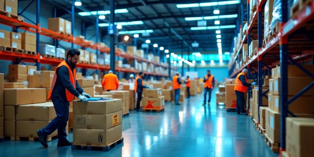 Armazém moderno com trabalhadores manuseando pacotes.