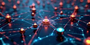 Rede blockchain com nós interconectados e cadeias digitais.