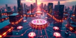 Cidade futurista com nós digitais e símbolos de blockchain.