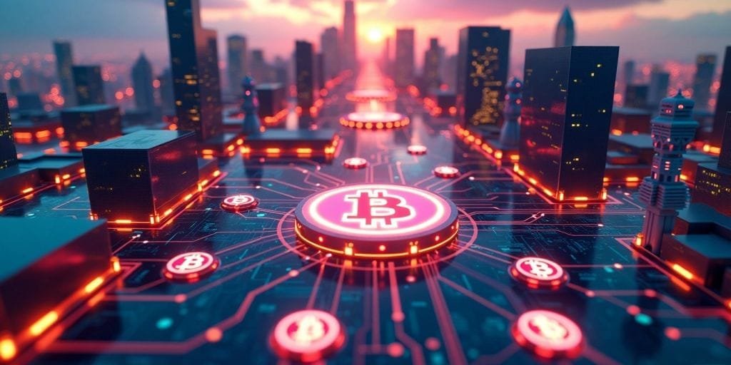 Cidade futurista com nós digitais e símbolos de blockchain.