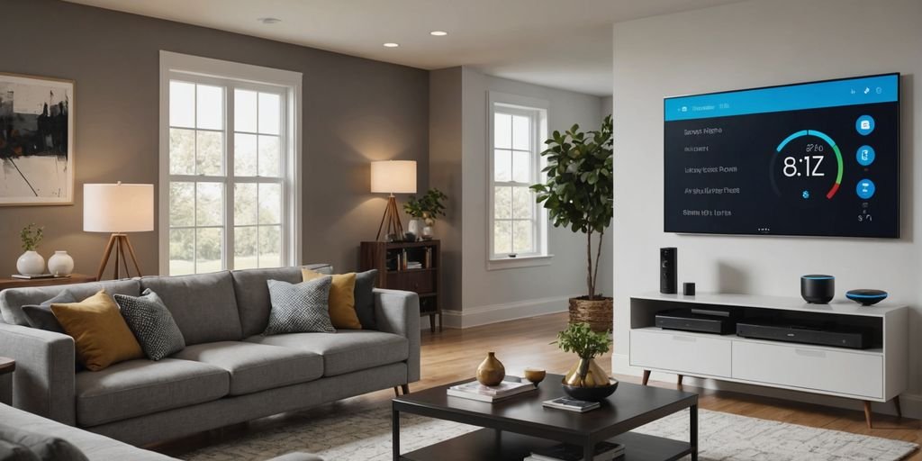 O Que é IoT em Casa Inteligente? 1 Smart home devices in a modern living room.