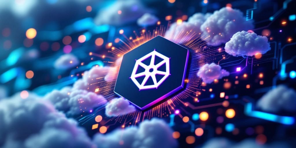 Logotipo do Kubernetes com elementos de nuvem.