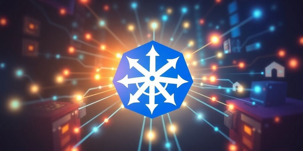 Kubernetes: Benefícios da Orquestração 3 Logotipo do Kubernetes com dispositivos de armazenamento conectados.