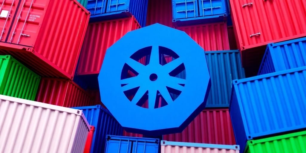 Kubernetes: O Futuro da Orquestração de Contêineres 1 Logotipo do Kubernetes com contêineres ao redor.